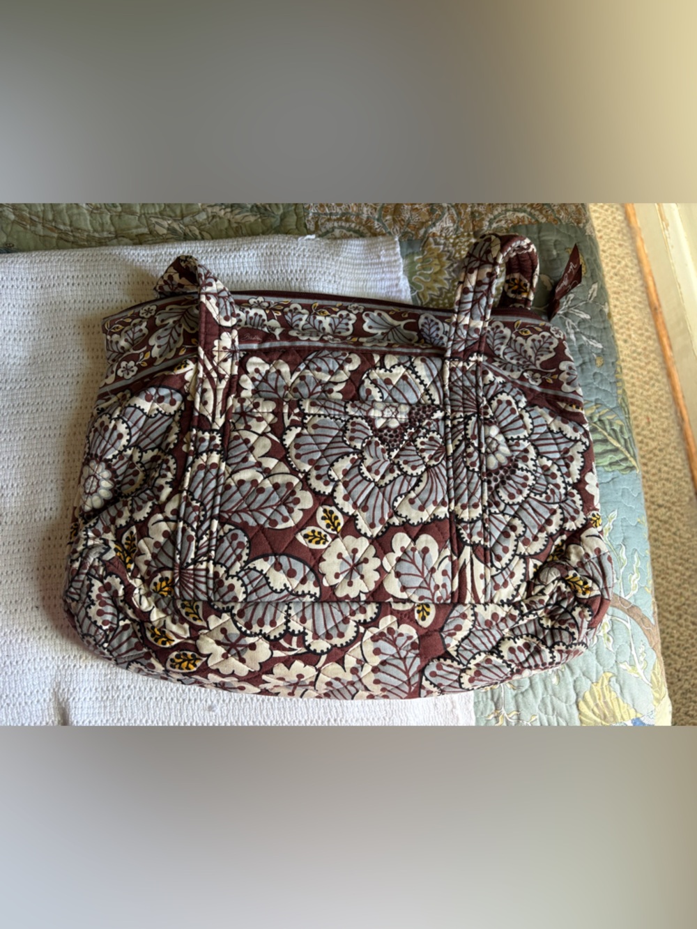 Vera Bradley Quilted Floral Tote in Brown and Cream